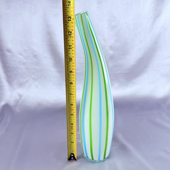 Hand Blown Art Glass Vase 13.5” Blue Green White Ribbon Stripe Murano Style - Picture 7 of 9